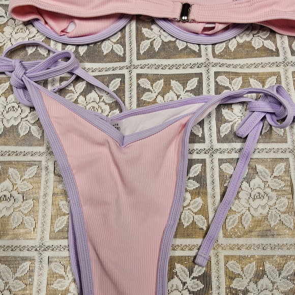 NWOT Size Zaful Pink and Lavender Ribbed Tie-Side Bikini Swimsuit - Picture 8 of 9